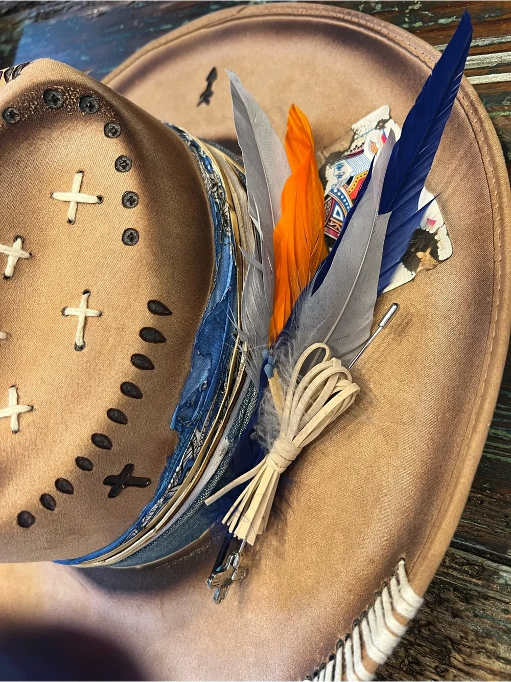 Western Brown Leather-Style Cowboy Hat with Feather Accent